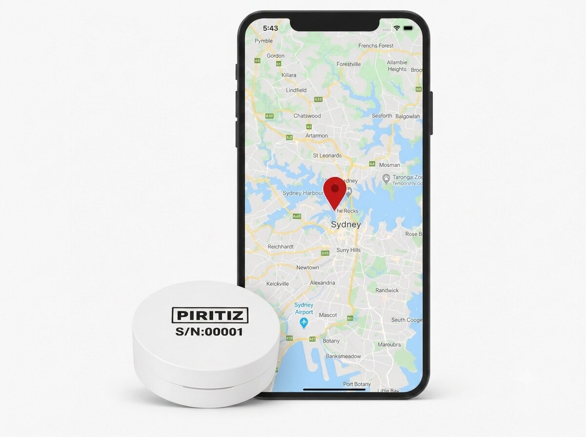 Piritiz disposable freight tracker beside a smartphone showing the shipment location on a map