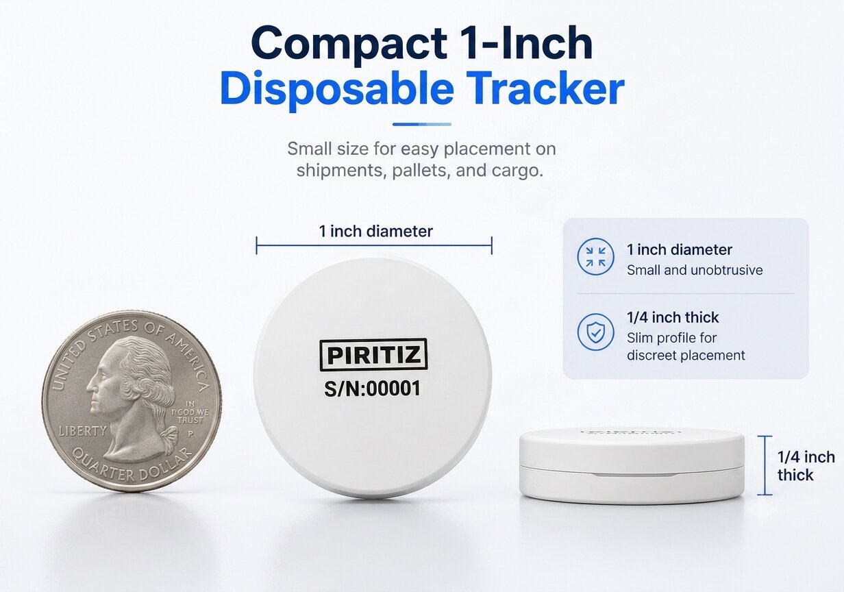 Piritiz disposable freight tracker next to a US quarter showing its one-inch diameter and quarter-inch thickness