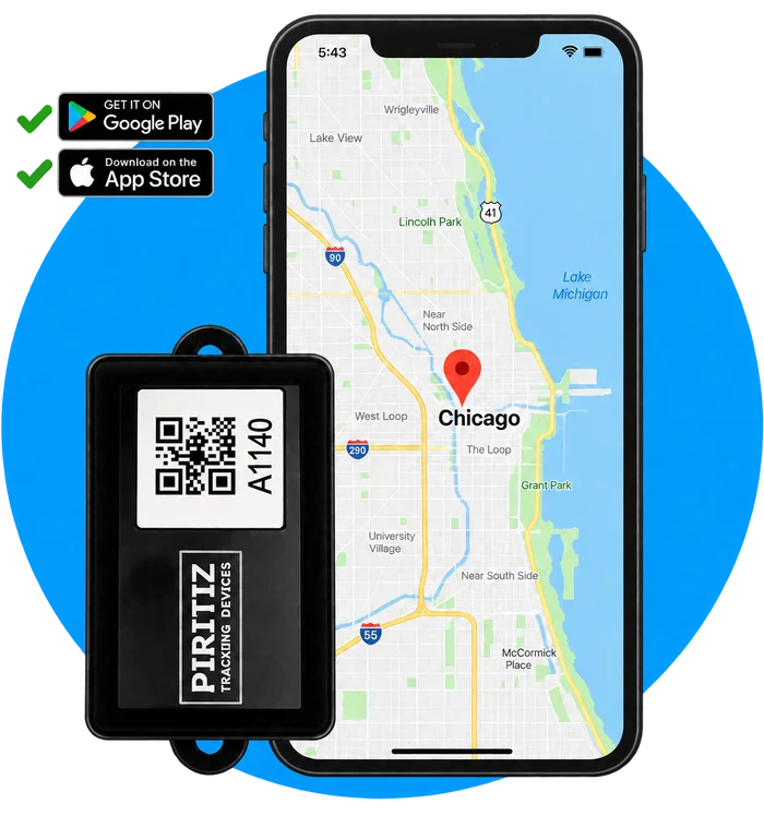 Piritiz GPS tracker with a Chicago map, Google Play and App Store badges